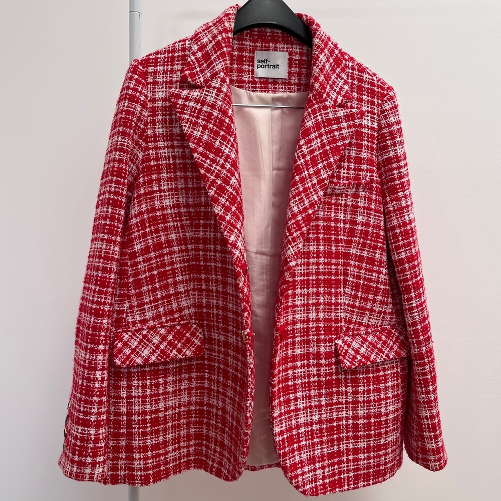 Self-Portrait boucle checked blazer red white tweed jacket Valentine’s Day ASO - Picture 4 of 16